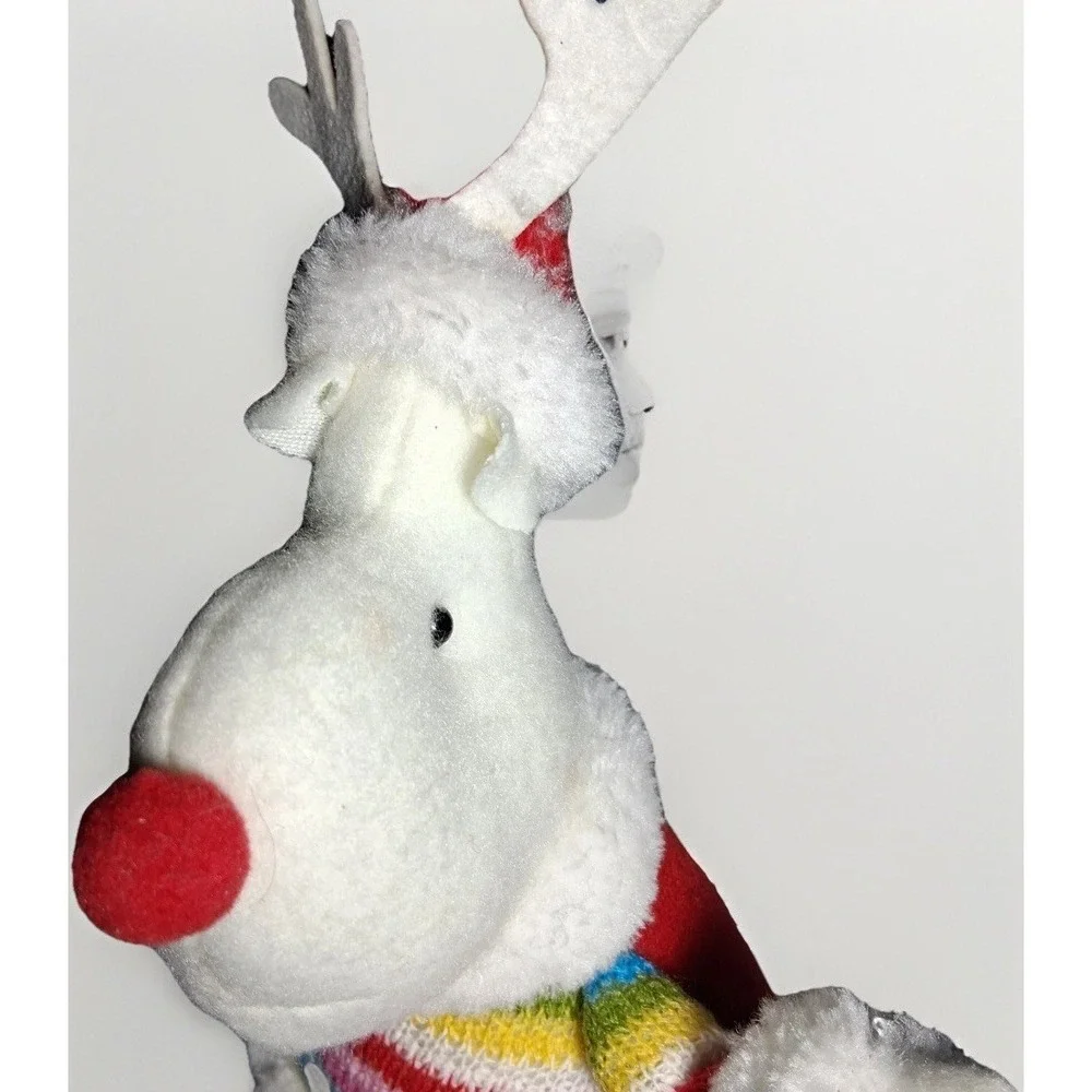 Holiday Time Rainbow Sweater Reindeer Plush Christmas Decor Set of 2 White Red